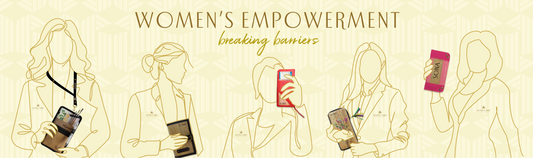 Five different line-art sketches of women holding up a vegan leather product by Jacinto & Lirio.