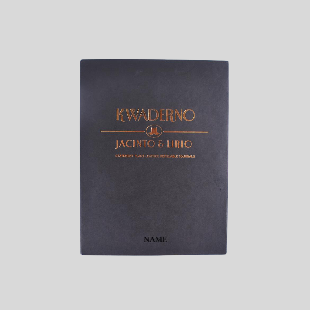 Luxurious Kwaderno Packaging Box in Black with Gold Foil Stamping and name engraving on the bottom