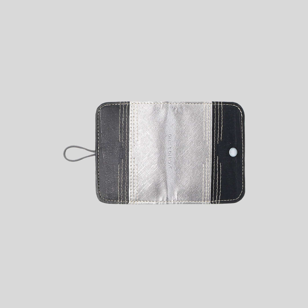 The complete exterior sides of the Pitaka card wallet in a gray two-toned color.