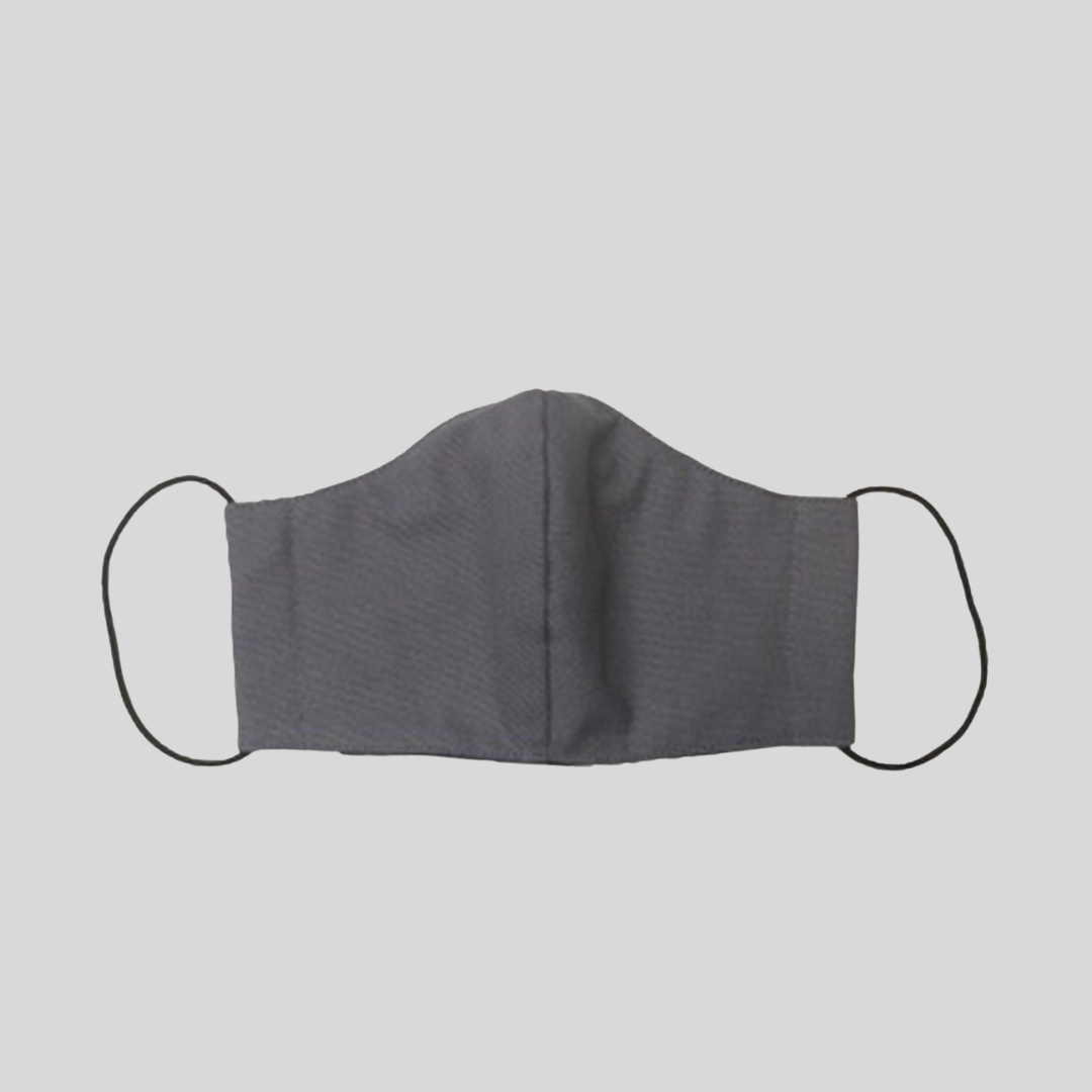 A gray cloth surgical mask with black string straps.