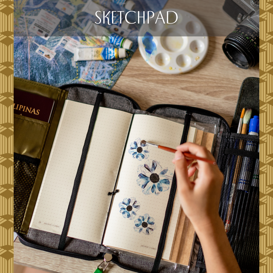 A wallet and journal holder that has straps to hold pages open for painting.