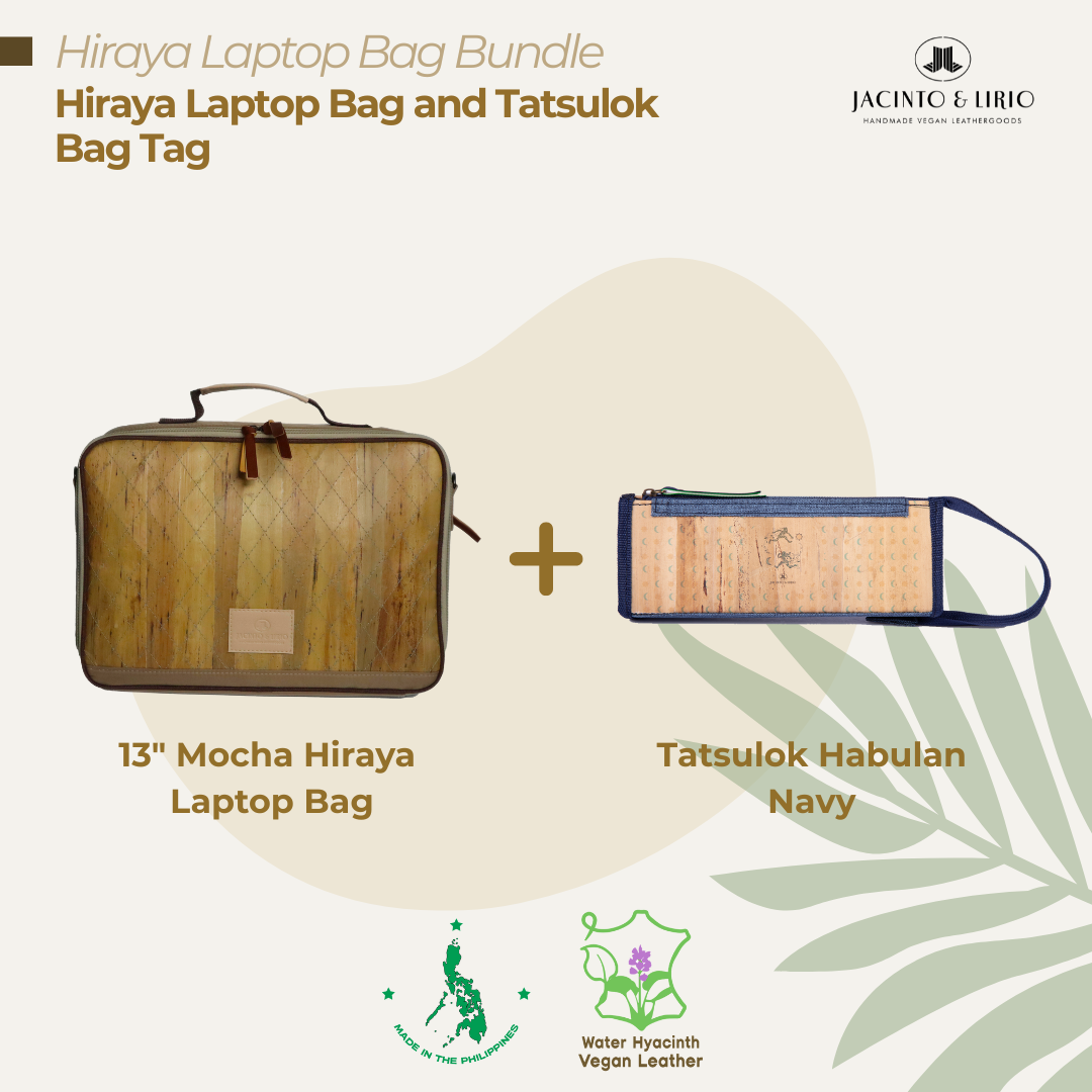 A bundle comprised of a 13" Mocha Hiraya laptop bag and a Tatsulok vegan leather bag tag in Habulan Navy.