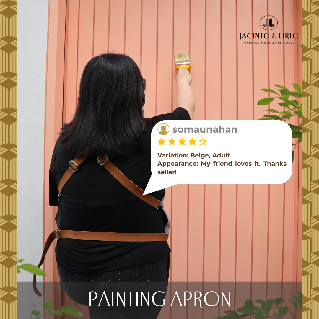 4 star review for beige colored, adult sized apron with a woman painting a pink wall in the background.