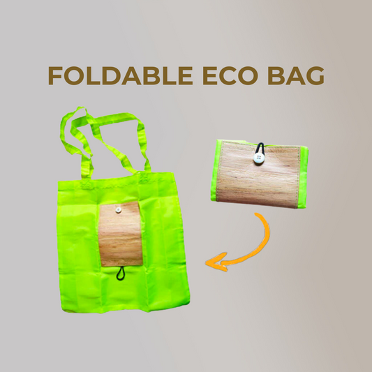 A foldable eco bag in vibrant green, shown both in expanded form and compacted form, with a vegan leather flap for stylishness.