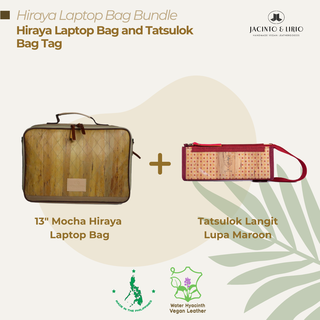 A bundle comprised of a 13" Mocha Hiraya laptop bag and a Tatsulok vegan leather bag tag in Langit Lupa Maroon.