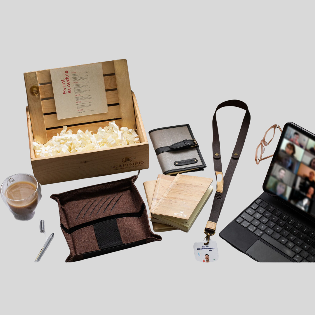 Some vegan leather products strewn across a deck that are perfect for virtual office work from home.