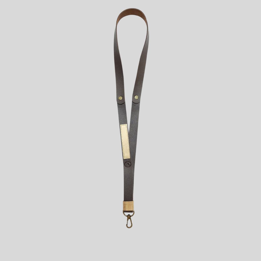 A dark brown vegan leather lanyard with no ID attached.