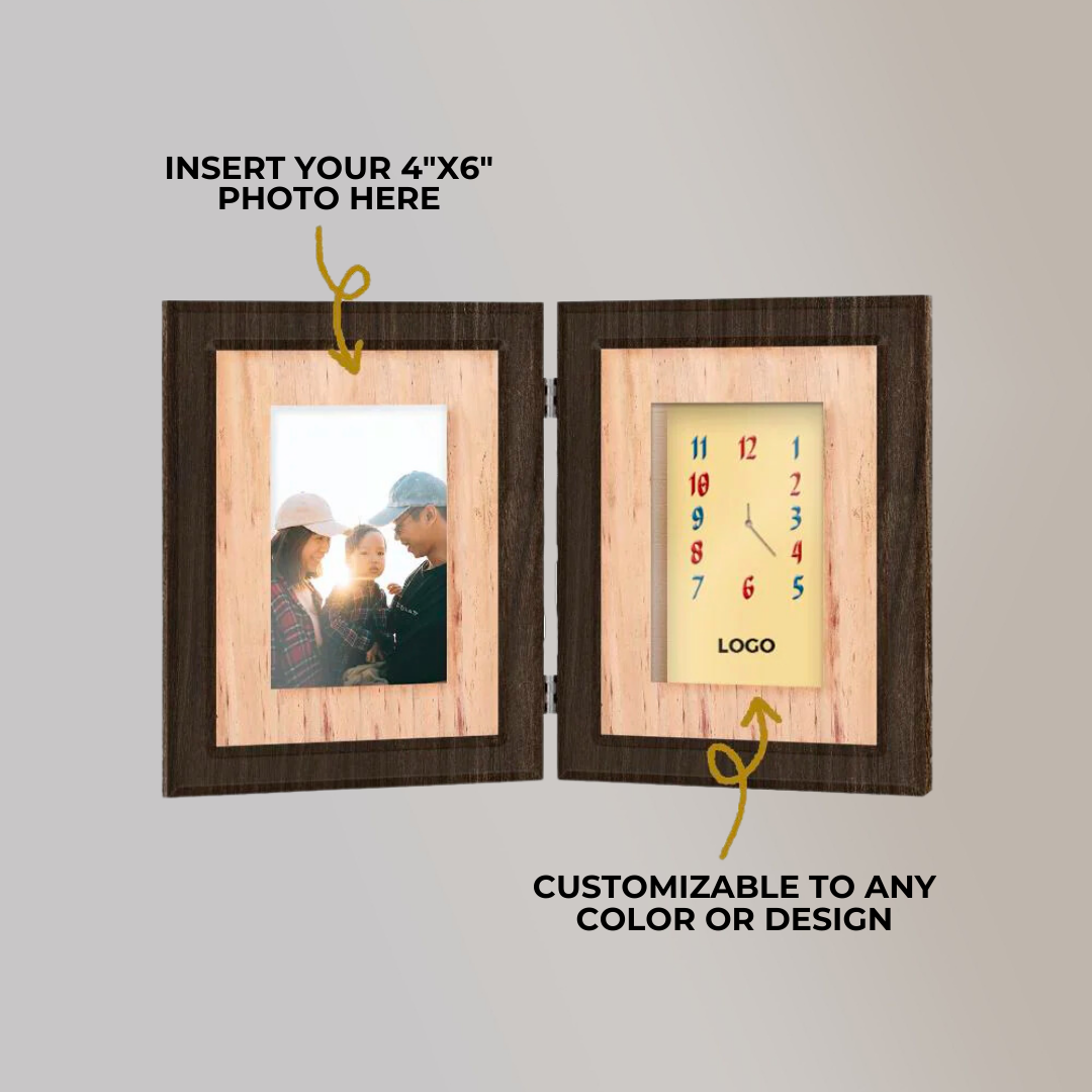 Oras Wooden Picture Frame and Clock Table Display with Water Hyacinth Vegan Leather Matting and Personalizable Clock Face - Jacinto & Lirio