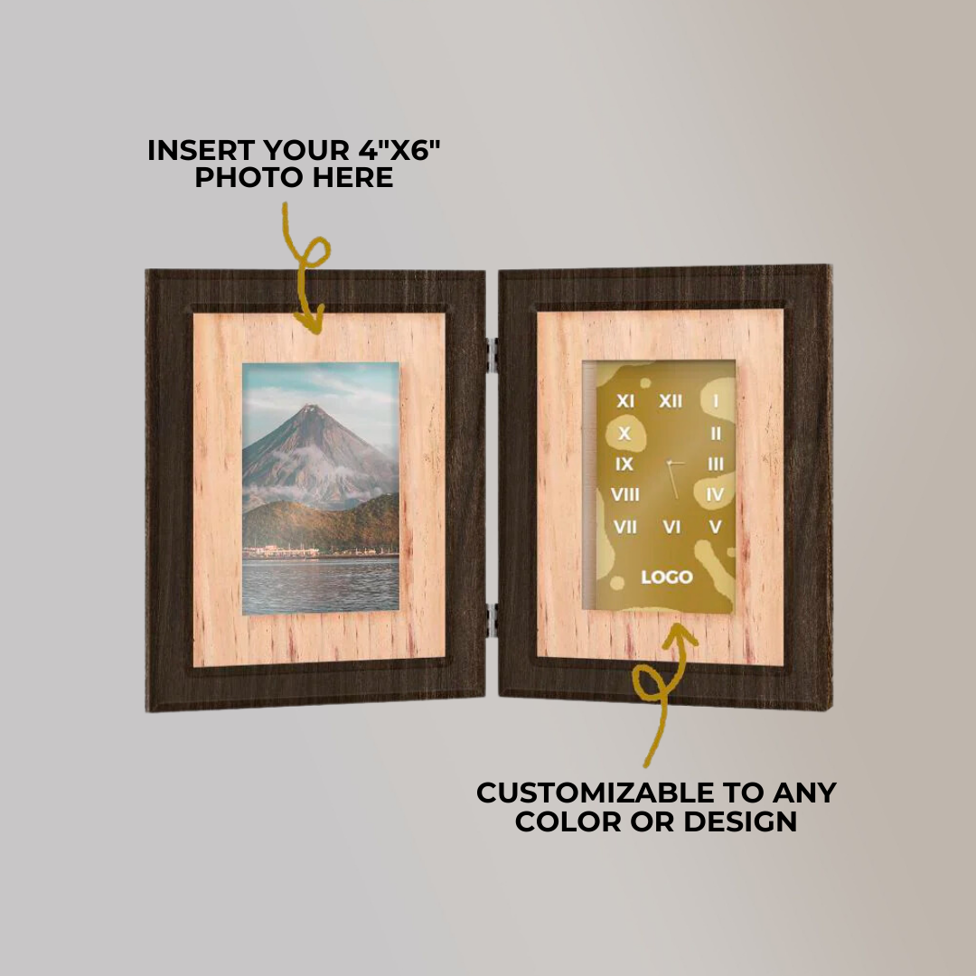 Oras Wooden Picture Frame and Clock Table Display with Water Hyacinth Vegan Leather Matting and Personalizable Clock Face - Jacinto & Lirio