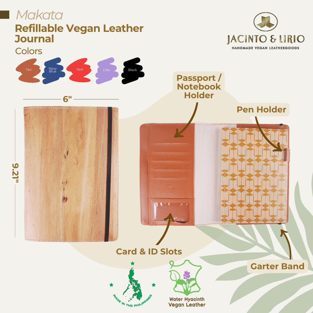 A brown refillable vegan leather journal that comes with multiple card slots on in the inside.