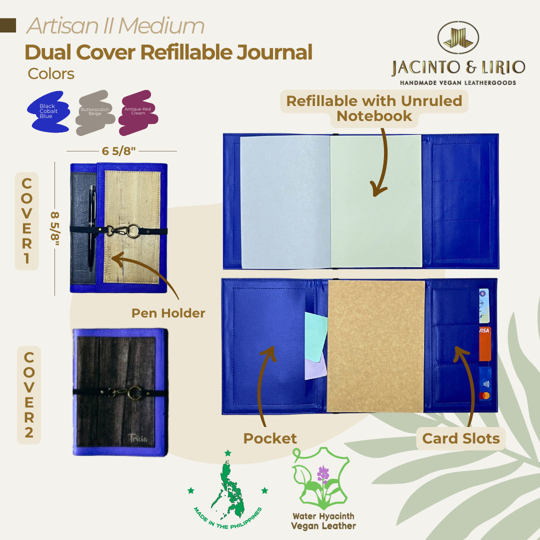 A refillable notebook in black cobalt blue with inner compartments for cards, papers, or money.