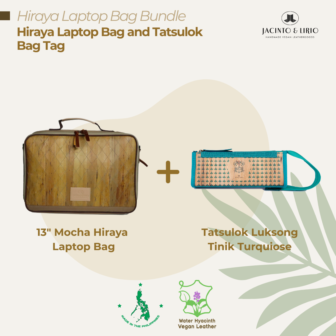 A bundle comprised of a 13" Mocha Hiraya laptop bag and a Tatsulok vegan leather bag tag in Luksong Tinik Turquoise.