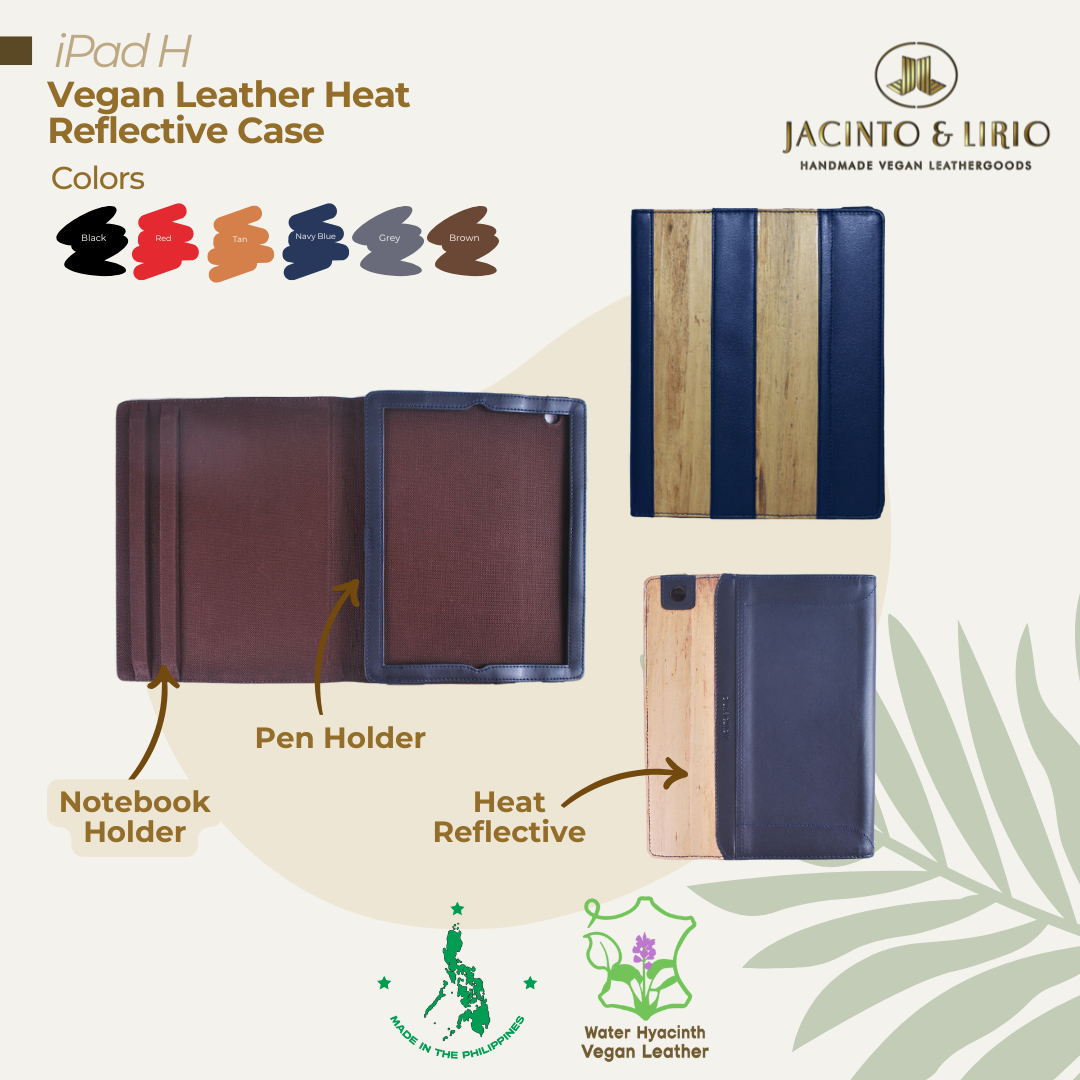 Front, inner, and back view of the heat reflective iPad case in navy blue featuring a dedicated pen and notebook holder.