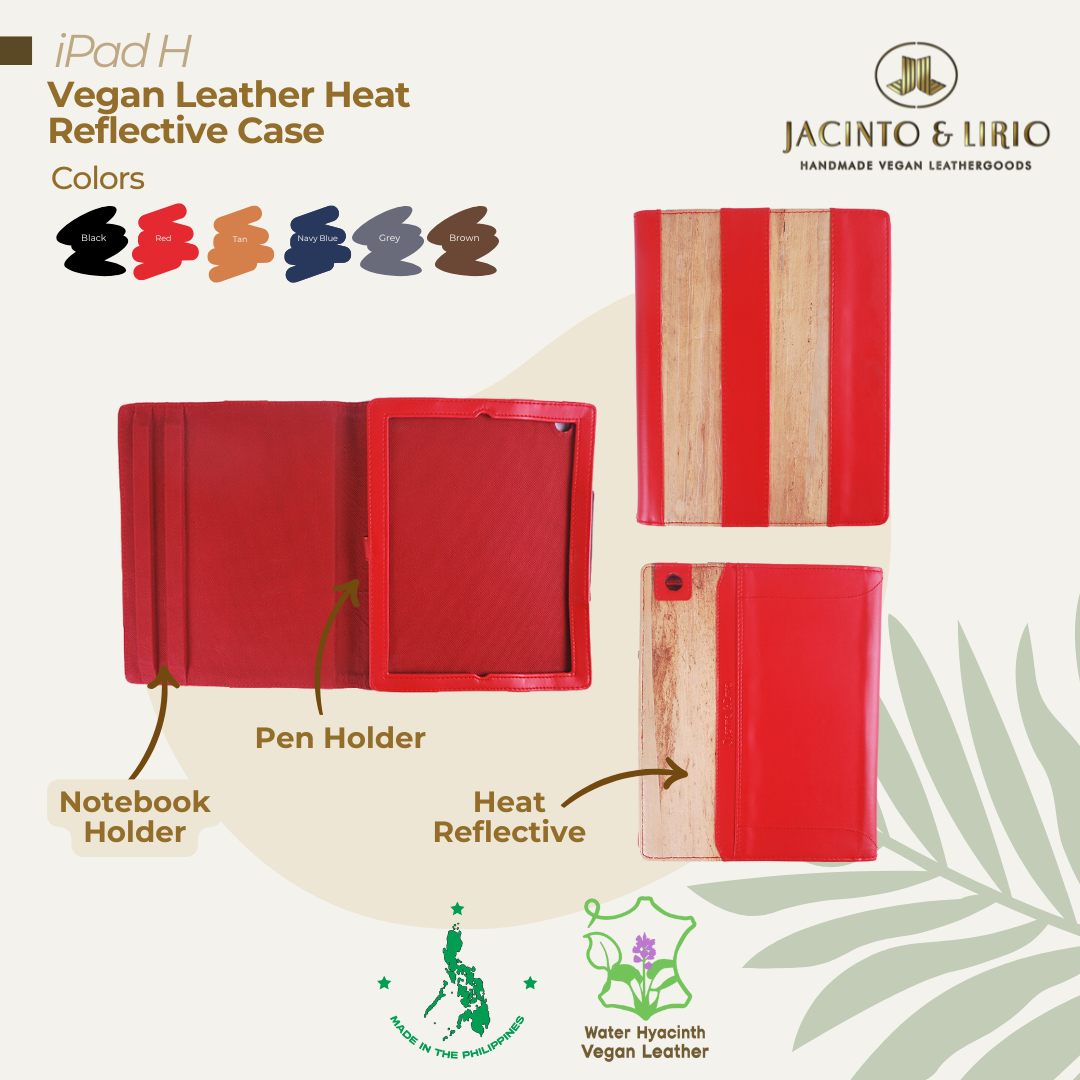 Front, inner, and back view of the heat reflective iPad case in red featuring a dedicated pen and notebook holder.