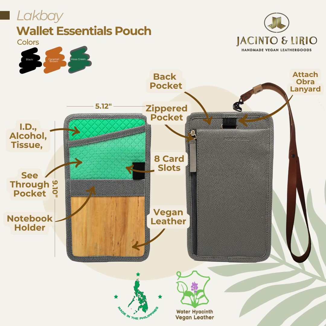 Front view of the Lakbay wallet essentials pouch in moss green displaying its features and functionalities.