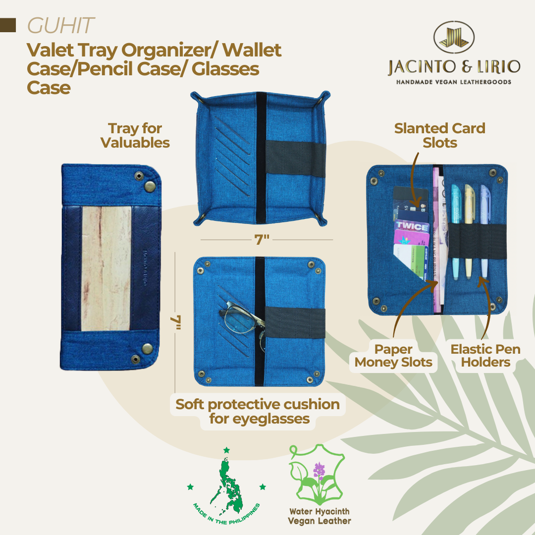 Front and inner view of tray organizer with inner compartment for cards in maong blue.