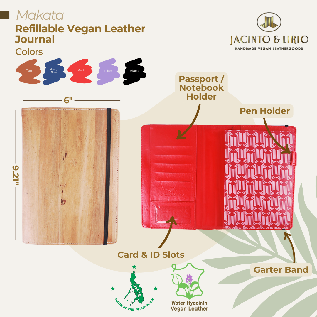 A red refillable vegan leather journal that comes with multiple card slots on in the inside.
