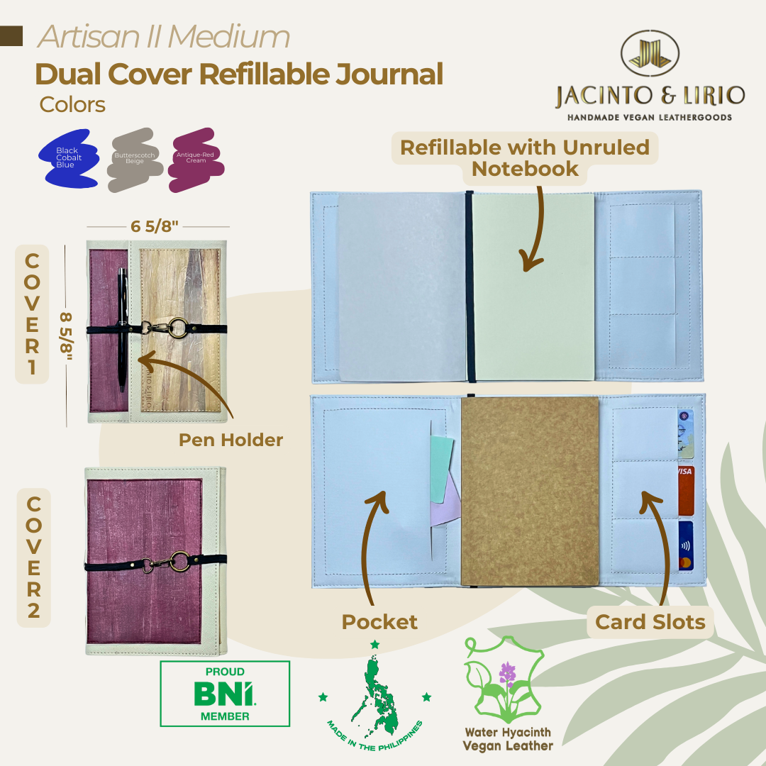Artisan II Medium Dual Cover Refillable Vegan Leather Journal + 1pc Artisan II Mini Dual Cover Passport Holder and Refillable Journal Bundle - Jacinto & Lirio