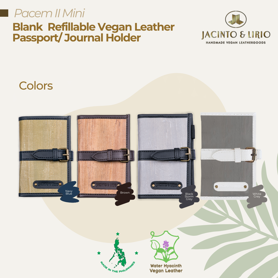 Four vibrant color variations of a mini passport or journal holder with a magnetic belt closure made with premium water hyacinth plant leather.