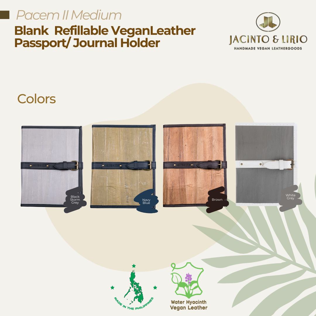 Four vibrant color variations of a medium-sized journal or passport holder with a magnetic belt closure made from water hyacinth plant leather.