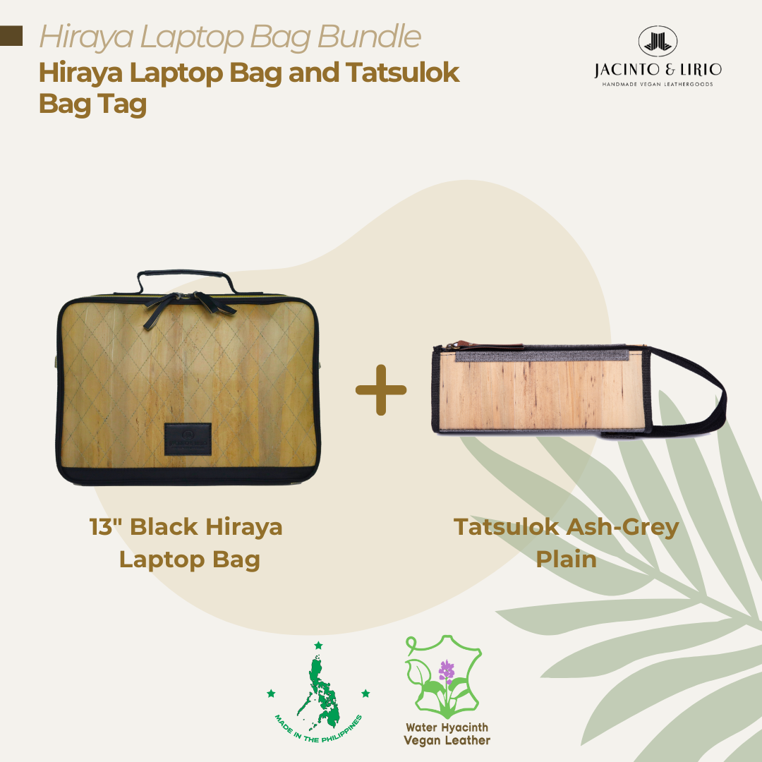 A bundle comprised of a 13" Black Hiraya laptop bag and a Tatsulok vegan leather bag tag in Ash Gray-Plain.