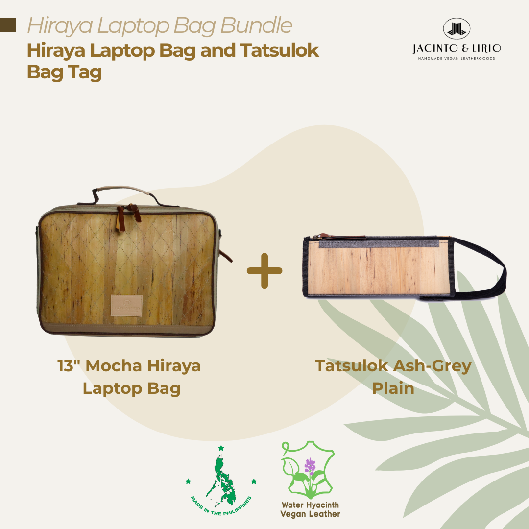 A bundle comprised of a 13" Mocha Hiraya laptop bag and a Tatsulok vegan leather bag tag in Ash Gray-Plain.
