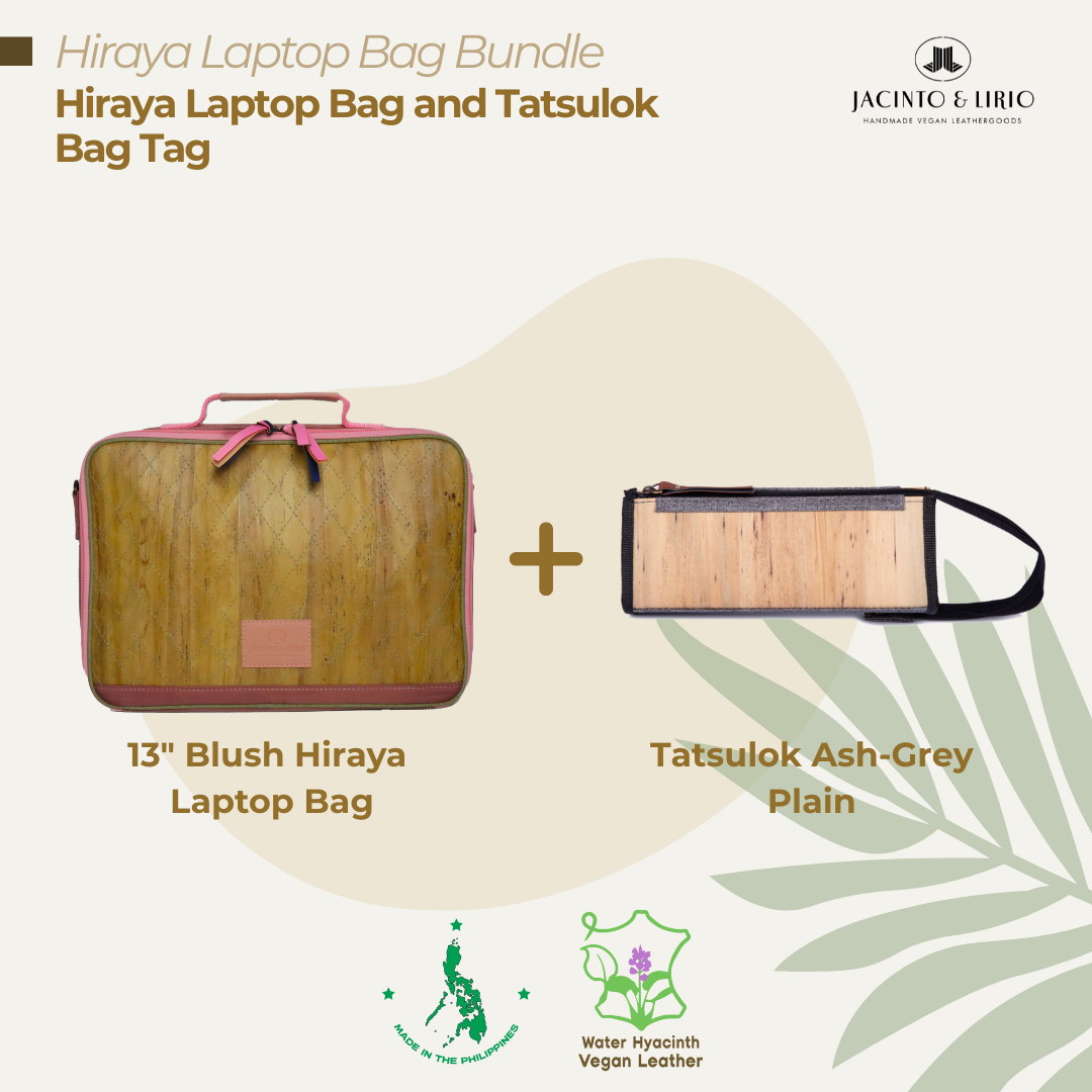 A bundle comprised of a 13" Blush Hiraya laptop bag and a Tatsulok vegan leather bag tag in Ash Gray-Plain.