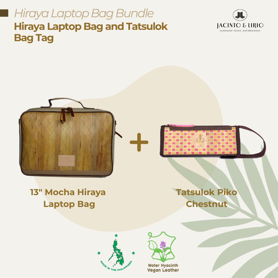 A bundle comprised of a 13" Mocha Hiraya laptop bag and a Tatsulok vegan leather bag tag in Piko Chestnut.
