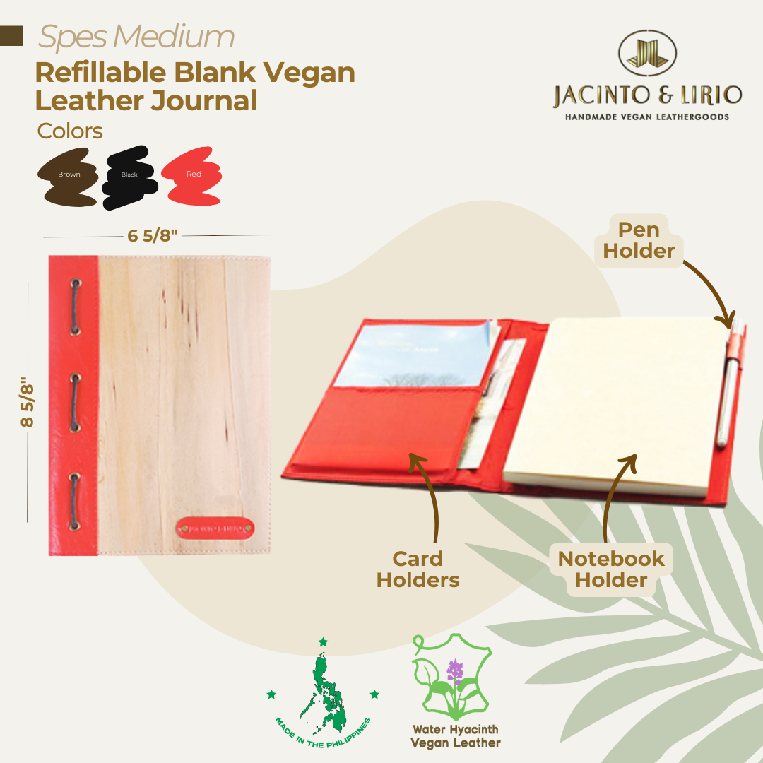 A red leather spined notebook with card holders and a pen holder on the inside.