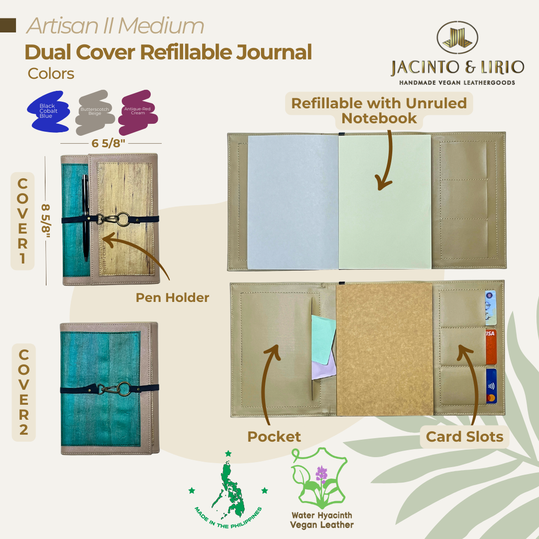 A refillable notebook in butterscotch beige with inner compartments for cards, papers, or money.