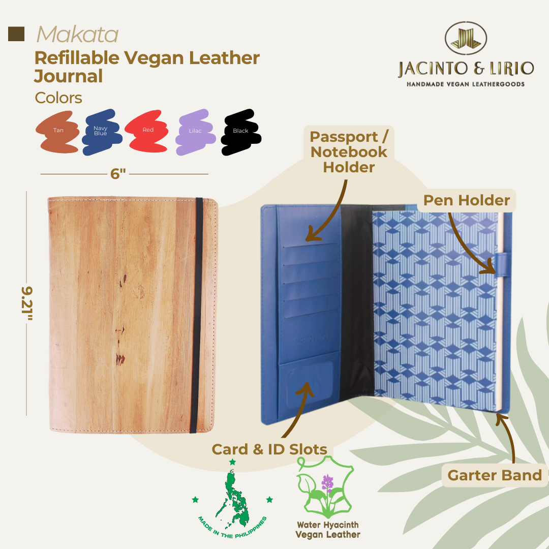 A blue refillable vegan leather journal that comes with multiple card slots on in the inside.