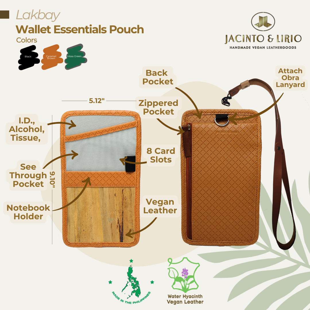 Front view of the Lakbay wallet essentials pouch in caramel brown displaying its features and functionalities.