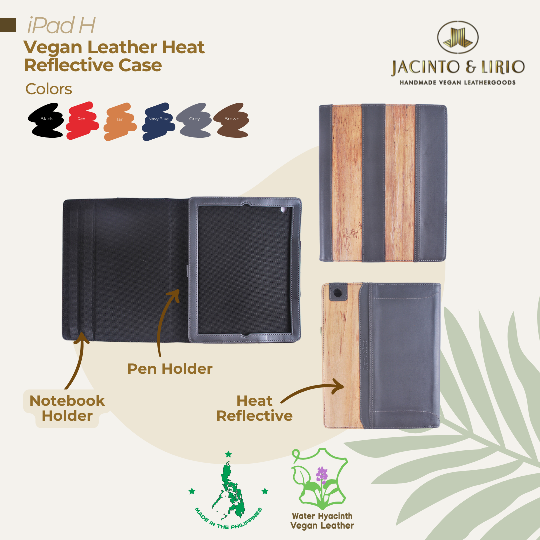 Front, inner, and back view of the heat reflective iPad case in grey featuring a dedicated pen and notebook holder.