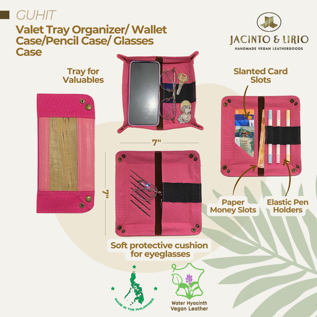 Front and inner view of tray organizer with inner compartment for cards in pink.