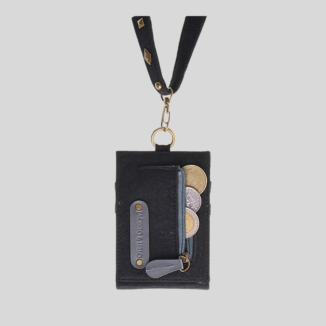 A modern ID lanyard made out of black felt fabric that has a built in zipped coin purse in the back.