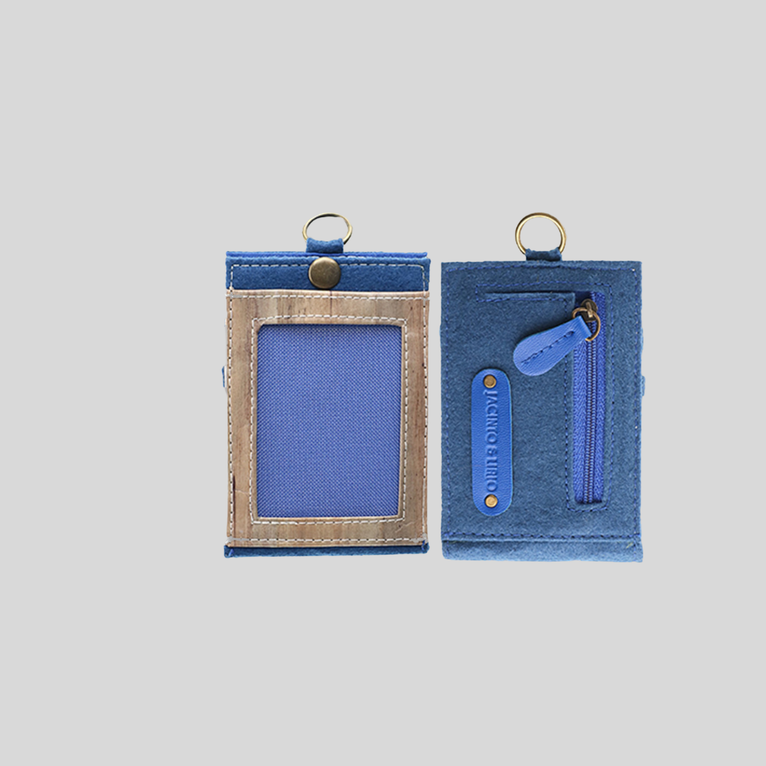 A mesh blue ID holder with a zipped pocket in the back.