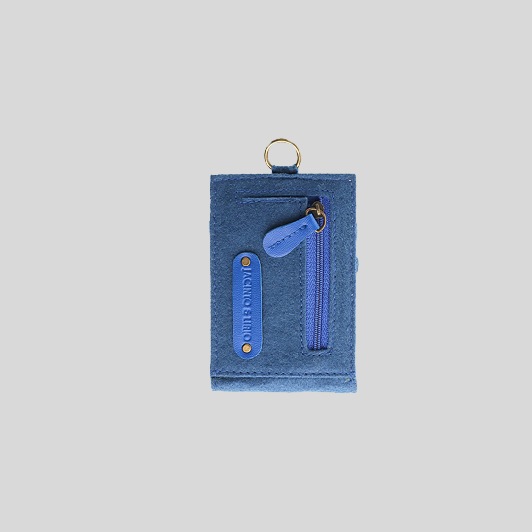 A small blue leather coin purse with a tiny zipper.