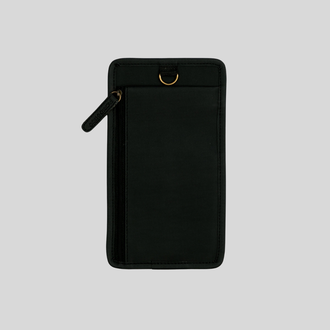 A matte black zipped coin purse that is flat.
