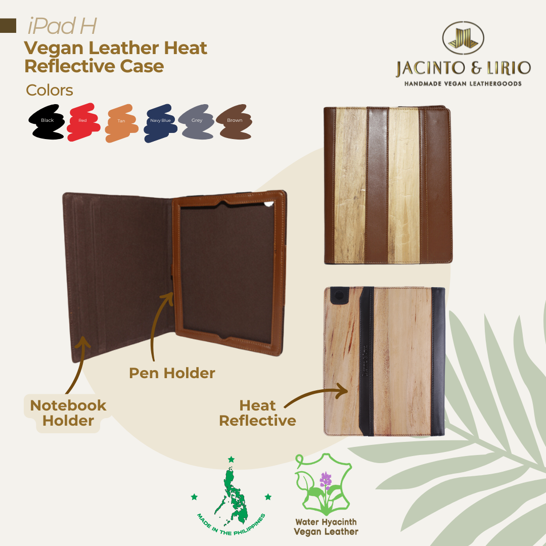 Front, inner, and back view of the heat reflective iPad case in brown featuring a dedicated pen and notebook holder.