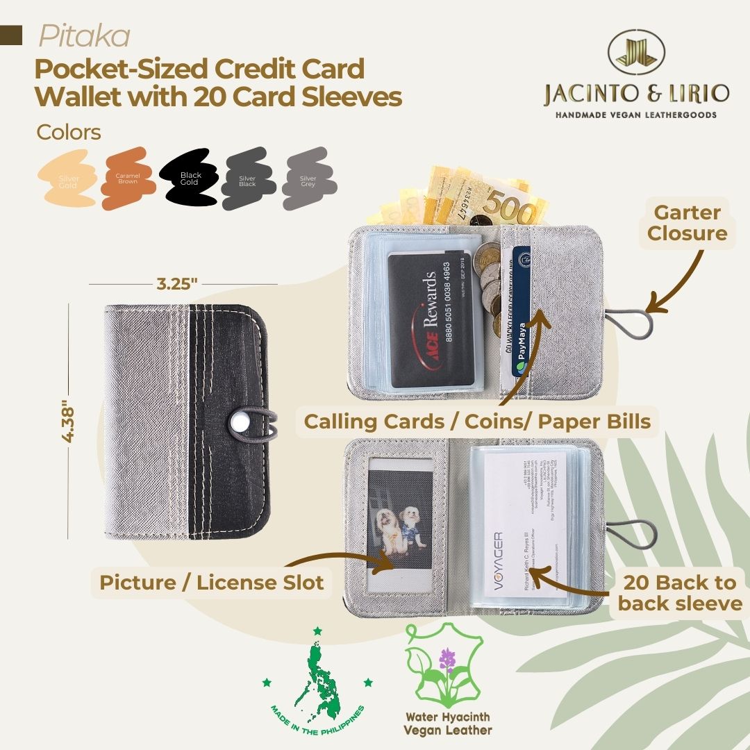 A gray and black pocket-sized credit card wallet with 20 card sleeves