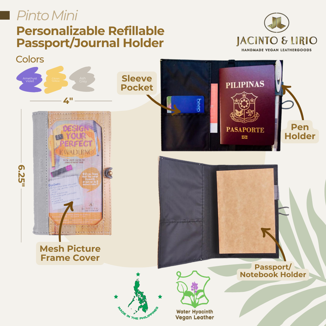 Front and inner view of a personalizable passport or journal holder in ash gray.