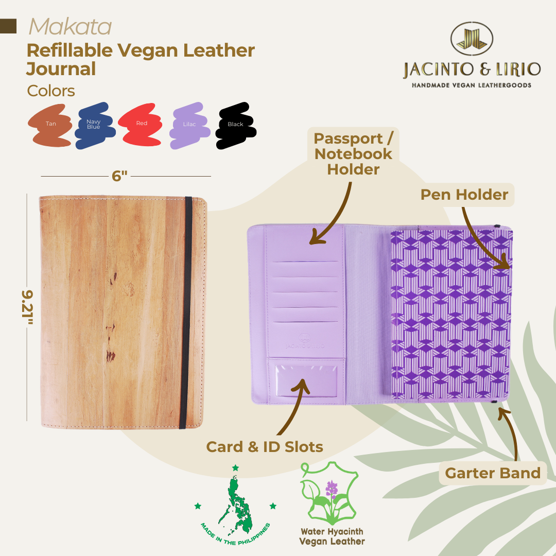 A purple refillable vegan leather journal that comes with multiple card slots on in the inside.