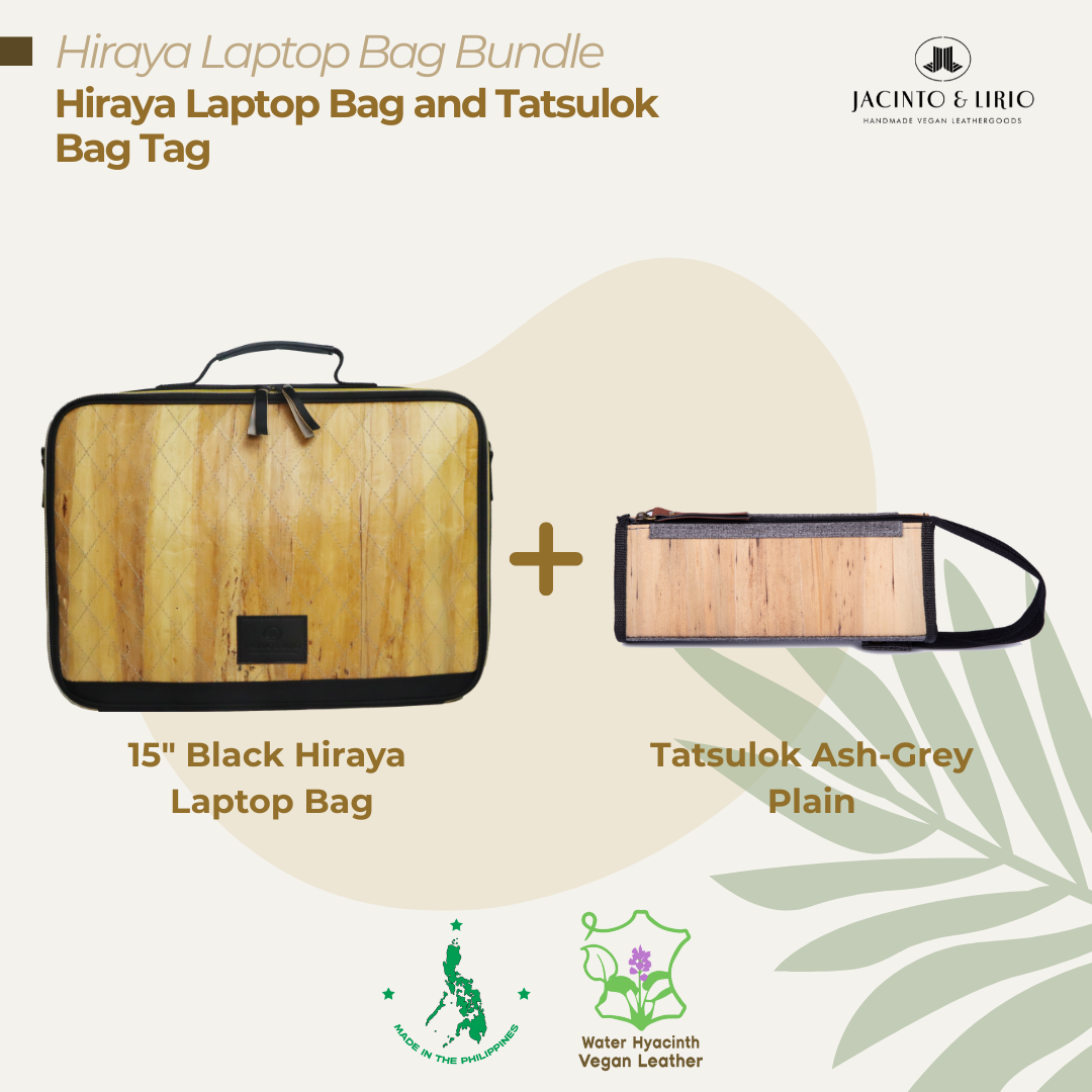 A bundle comprised of a 15" Black Hiraya laptop bag and a Tatsulok vegan leather bag tag in Ash Gray-Plain.