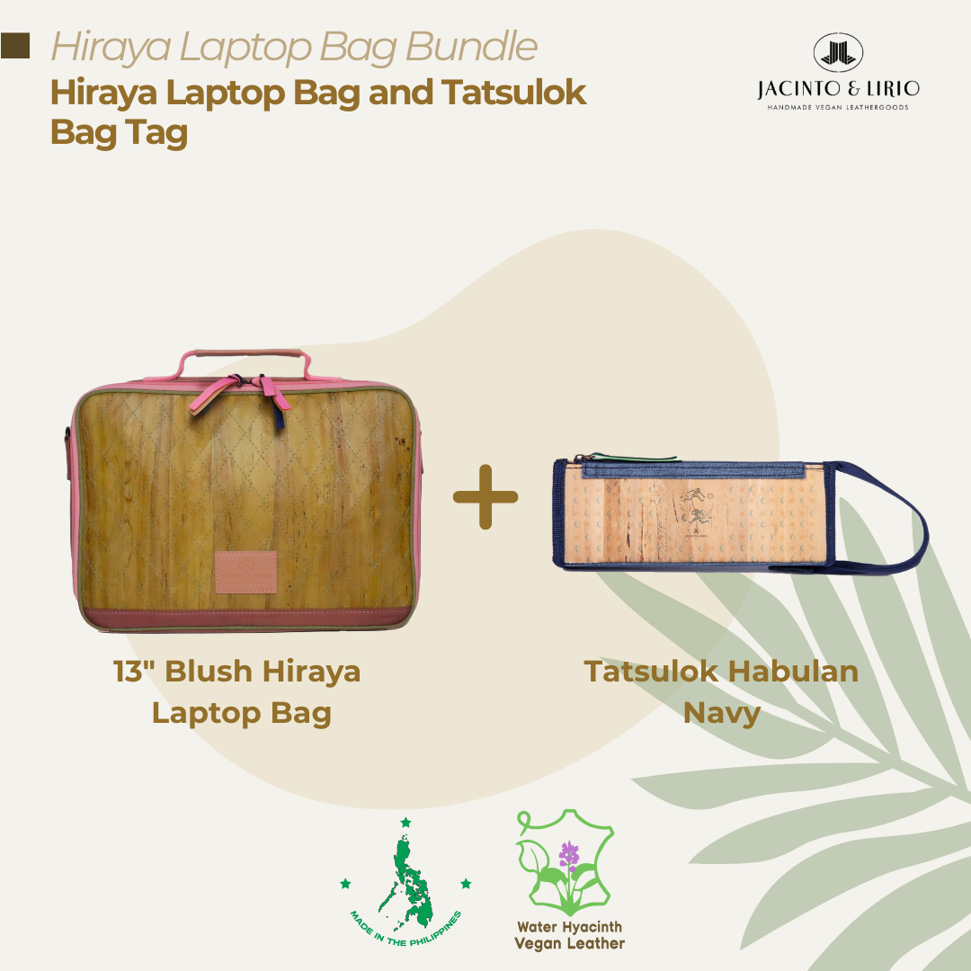 A bundle comprised of a 13" Blush Hiraya laptop bag and a Tatsulok vegan leather bag tag in Habulan Navy.