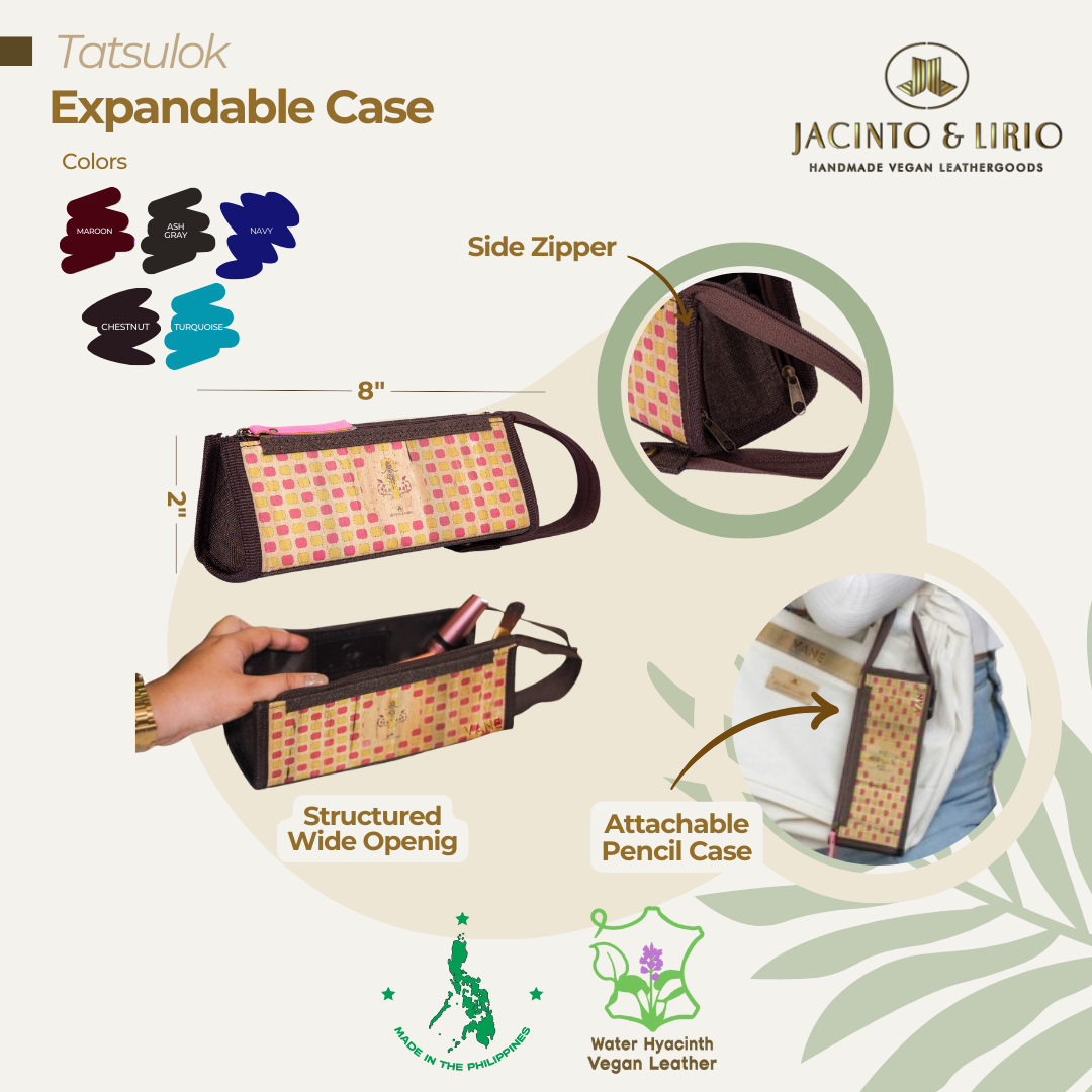 Side view of compact Tatsulok expandable case in chestnut designed for travel convenience.