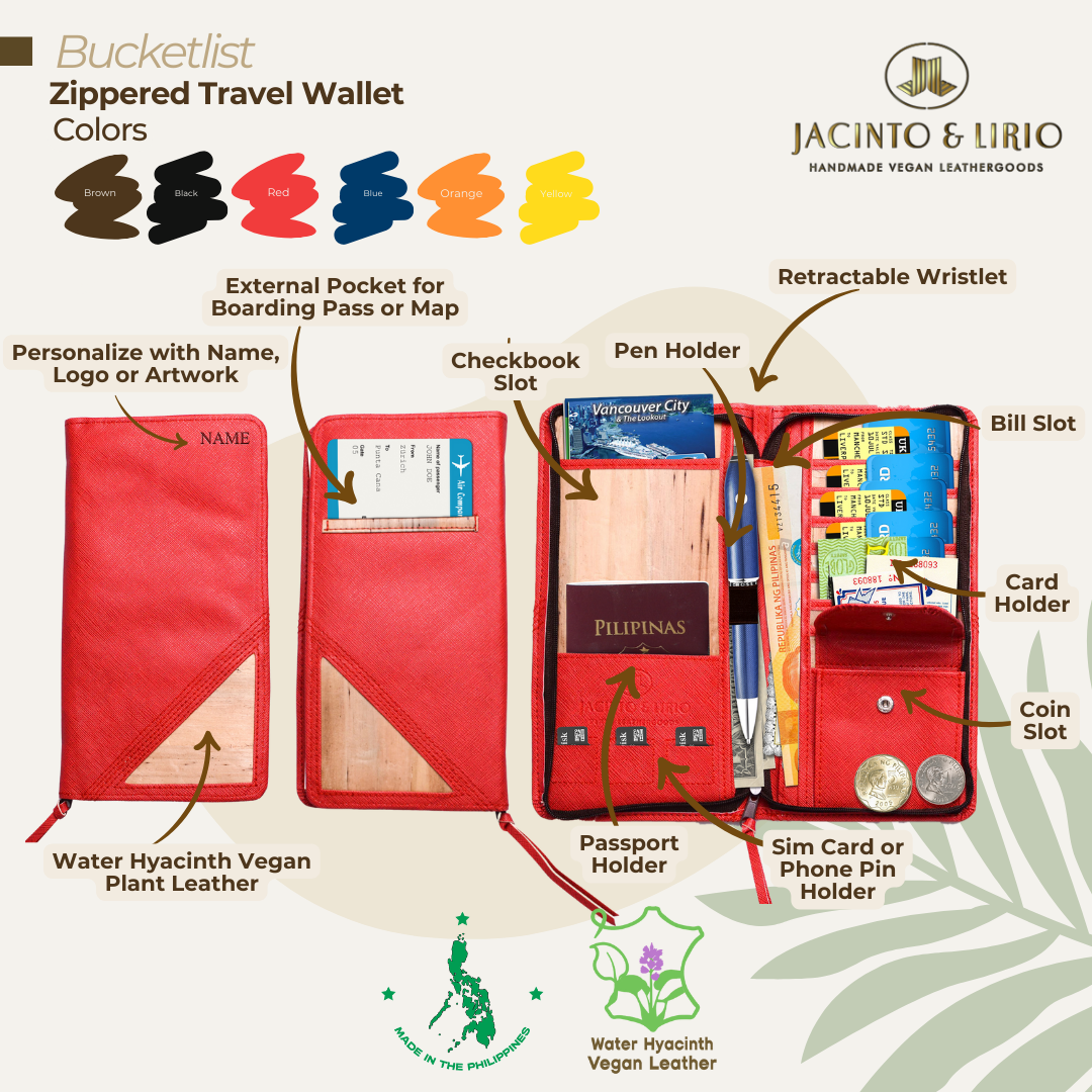 Zippered travel wallet in red with multiple pockets for checkbooks, sim cards, paper bills, cards, and coins.