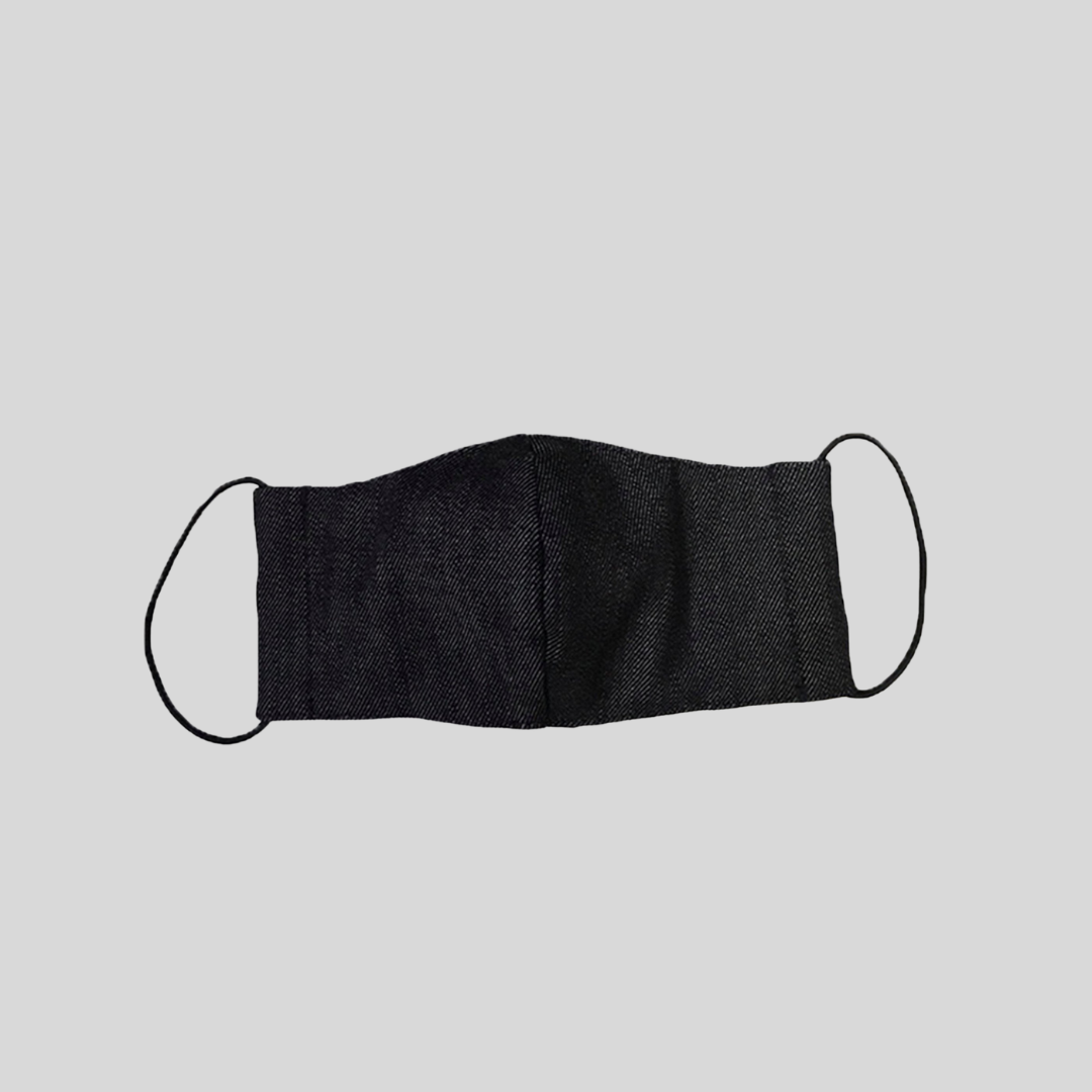 A dark gray denim fabric mask.