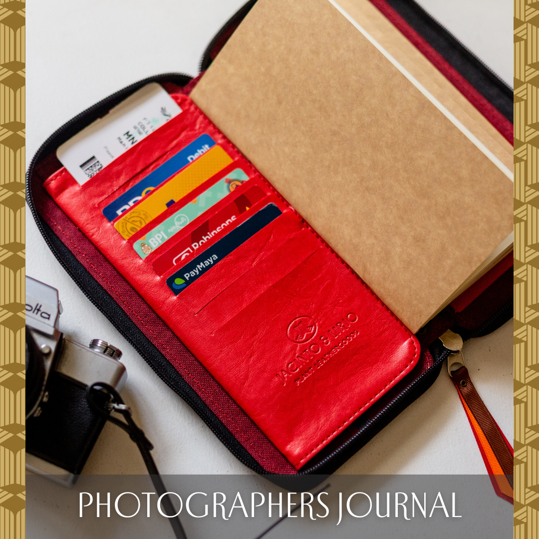 A red vegan leather journal attached inside a wallet with card slots.