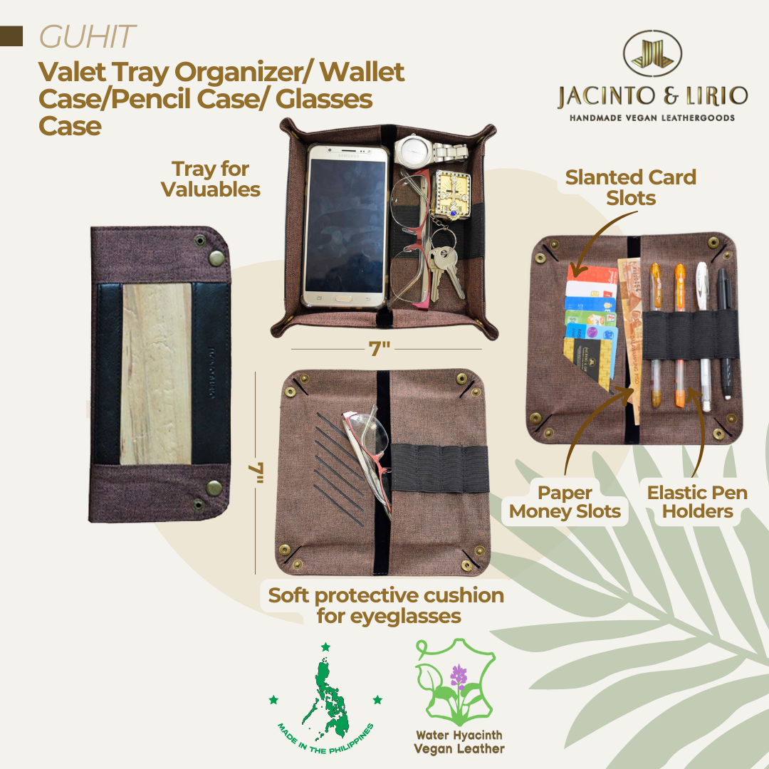 Front and inner view of tray organizer with inner compartment for cards in coffee brown.