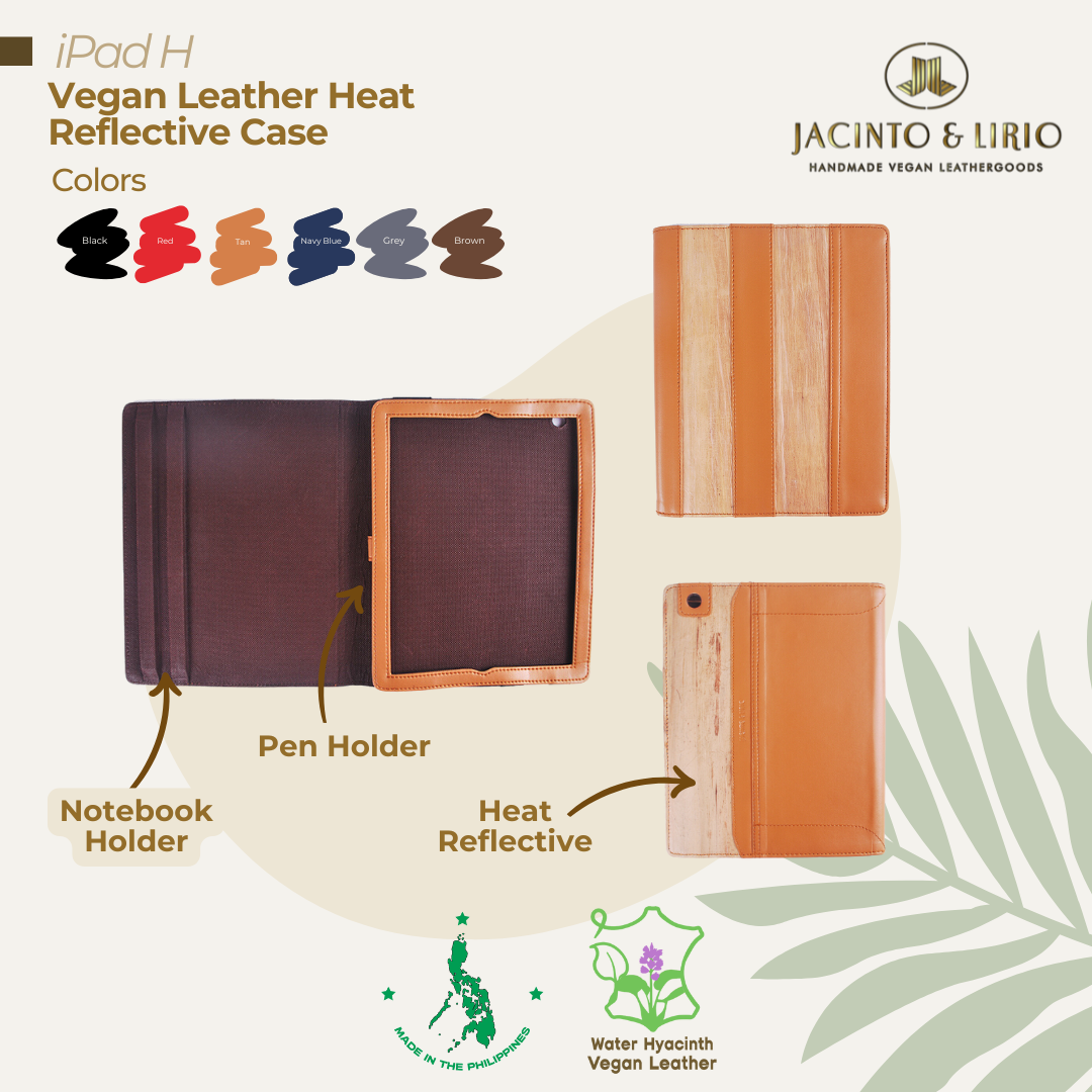 Front, inner, and back view of the heat reflective iPad case in tan featuring a dedicated pen and notebook holder.